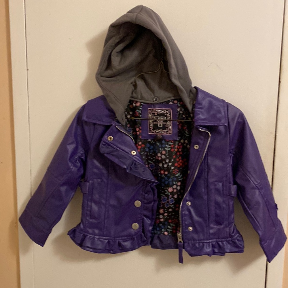 Leather look purple  inside shell nylon removable hoodie sz 4 nwot